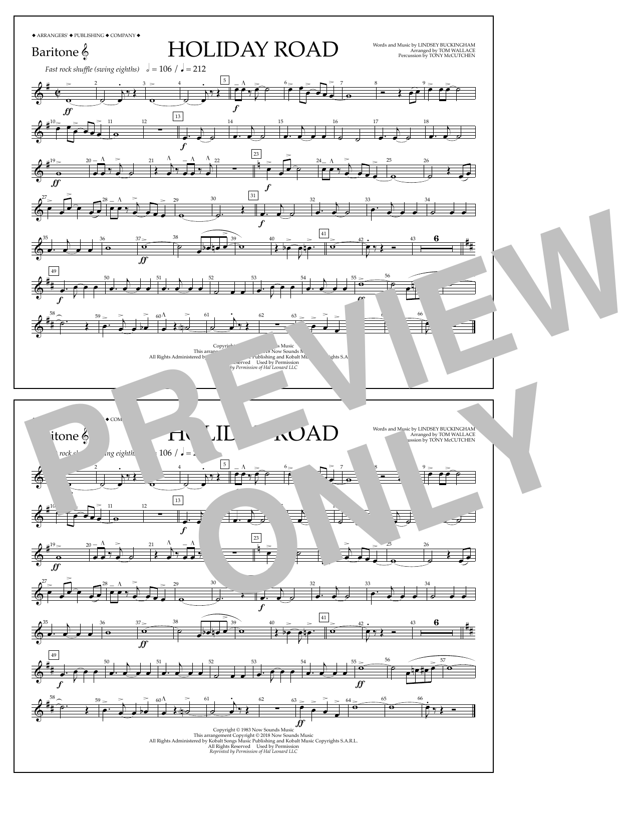 Learn to play Lindsey Buckingham Holiday Road (from National Lampoon's Vacation) (arr. Tom Wallace) - Baritone T.C. sheet music for Marching Band in minutes. Price: 7.8900$ Lindsey Buckingham Holiday Road (from National Lampoon's Vacation) (arr. Tom Wallace) - Baritone T.C. sheet music notes and chords arranged for Marching Band