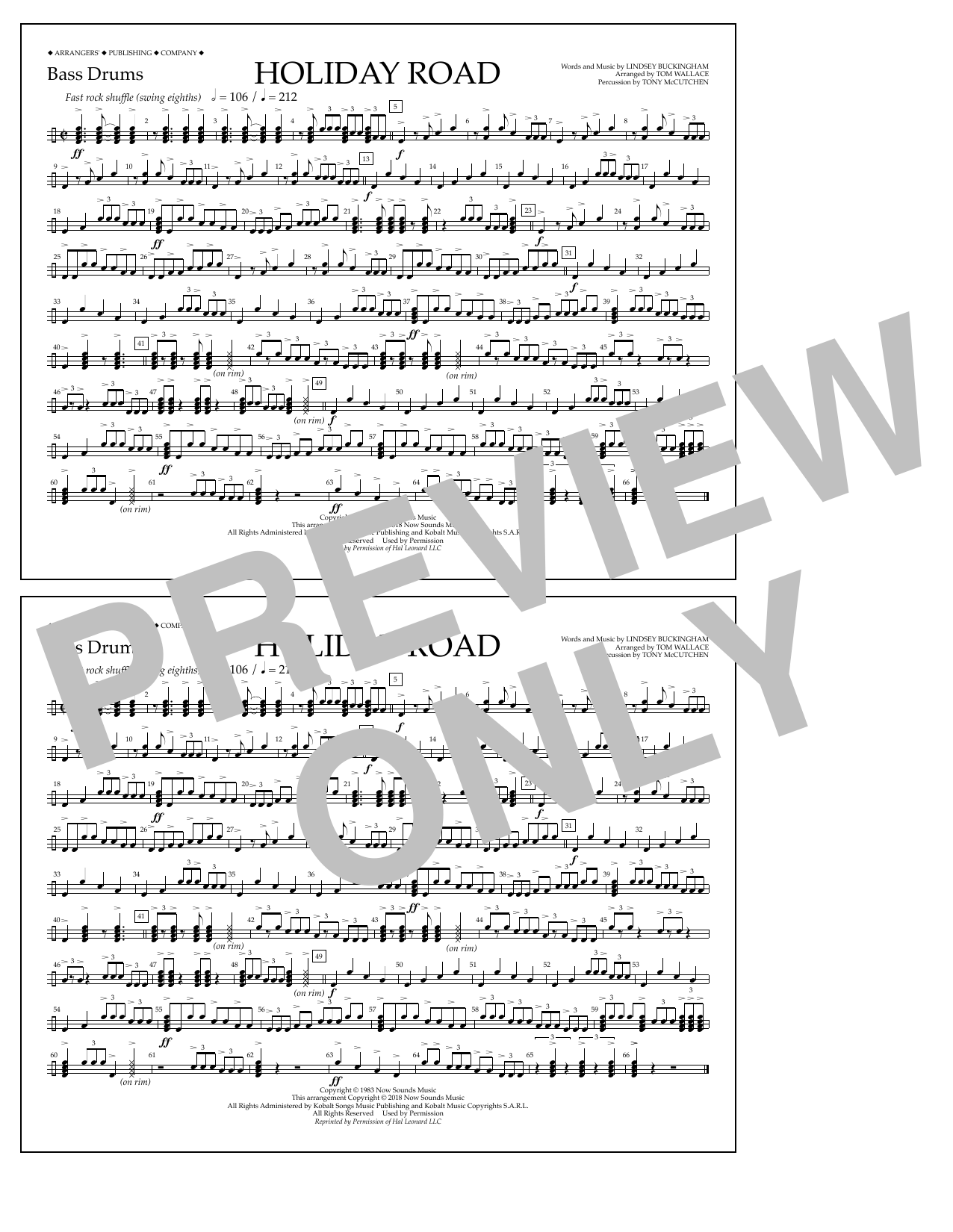 Learn to play Lindsey Buckingham Holiday Road (from National Lampoon's Vacation) (arr. Tom Wallace) - Bass Drums sheet music for Marching Band in minutes. Price: 7.8900$ Lindsey Buckingham Holiday Road (from National Lampoon's Vacation) (arr. Tom Wallace) - Bass Drums sheet music notes and chords arranged for Marching Band