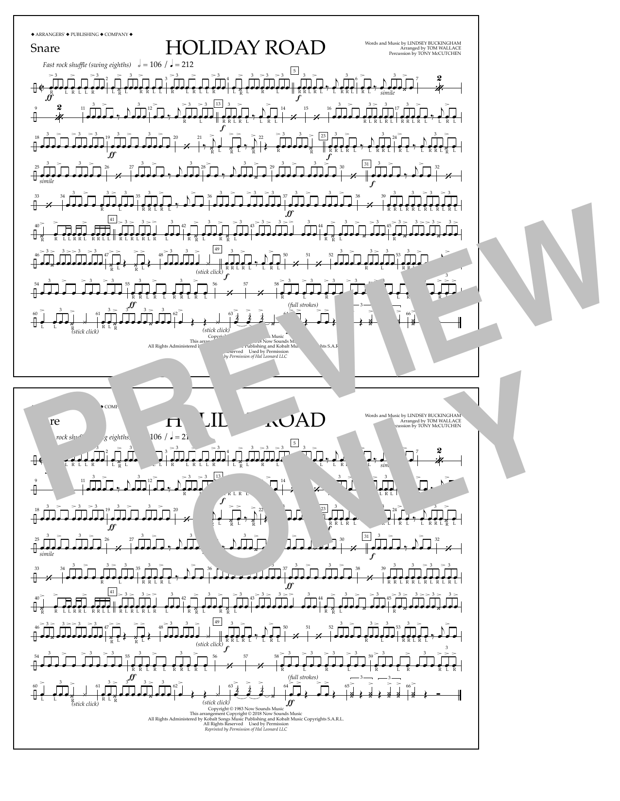 Learn to play Lindsey Buckingham Holiday Road (from National Lampoon's Vacation) (arr. Tom Wallace) - Snare sheet music for Marching Band in minutes. Price: 7.8900$ Lindsey Buckingham Holiday Road (from National Lampoon's Vacation) (arr. Tom Wallace) - Snare sheet music notes and chords arranged for Marching Band