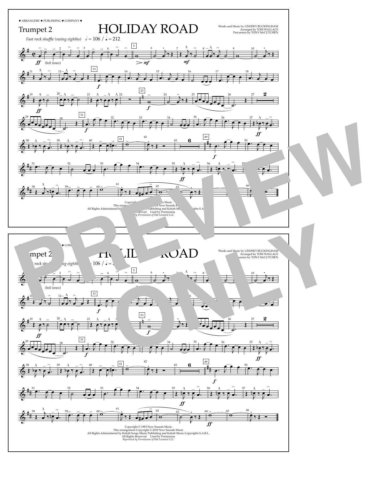 Learn to play Lindsey Buckingham Holiday Road (from National Lampoon's Vacation) (arr. Tom Wallace) - Trumpet 2 sheet music for Marching Band in minutes. Price: 7.8900$ Lindsey Buckingham Holiday Road (from National Lampoon's Vacation) (arr. Tom Wallace) - Trumpet 2 sheet music notes and chords arranged for Marching Band