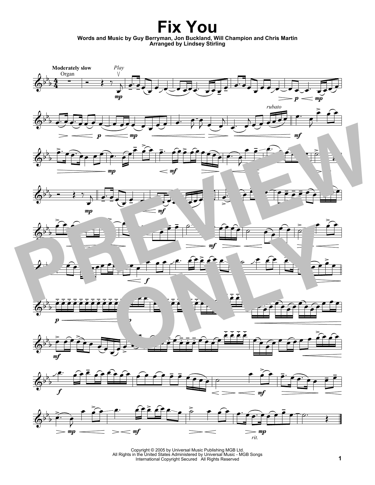 Lindsey Stirling Fix You sheet music notes and chords. Download Printable PDF.