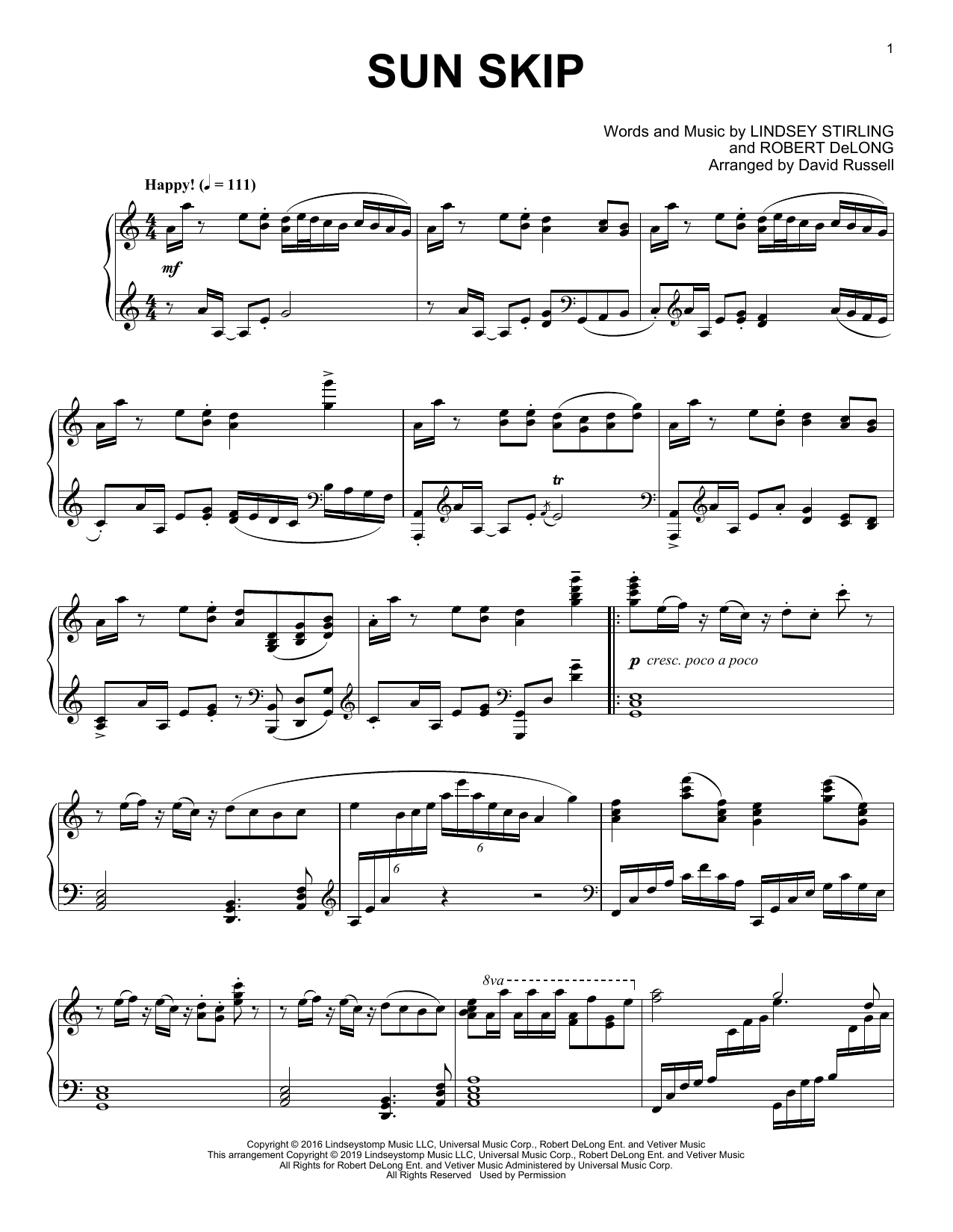 Lindsey Stirling Sun Skip sheet music notes and chords. Download Printable PDF.