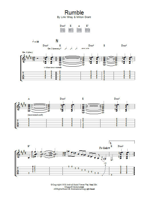 Link Wray Rumble sheet music notes and chords. Download Printable PDF.