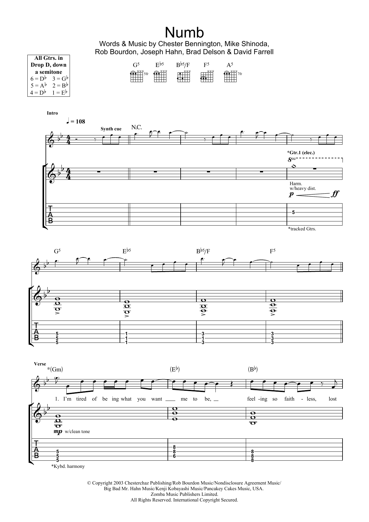 Linkin Park Numb sheet music notes and chords. Download Printable PDF.