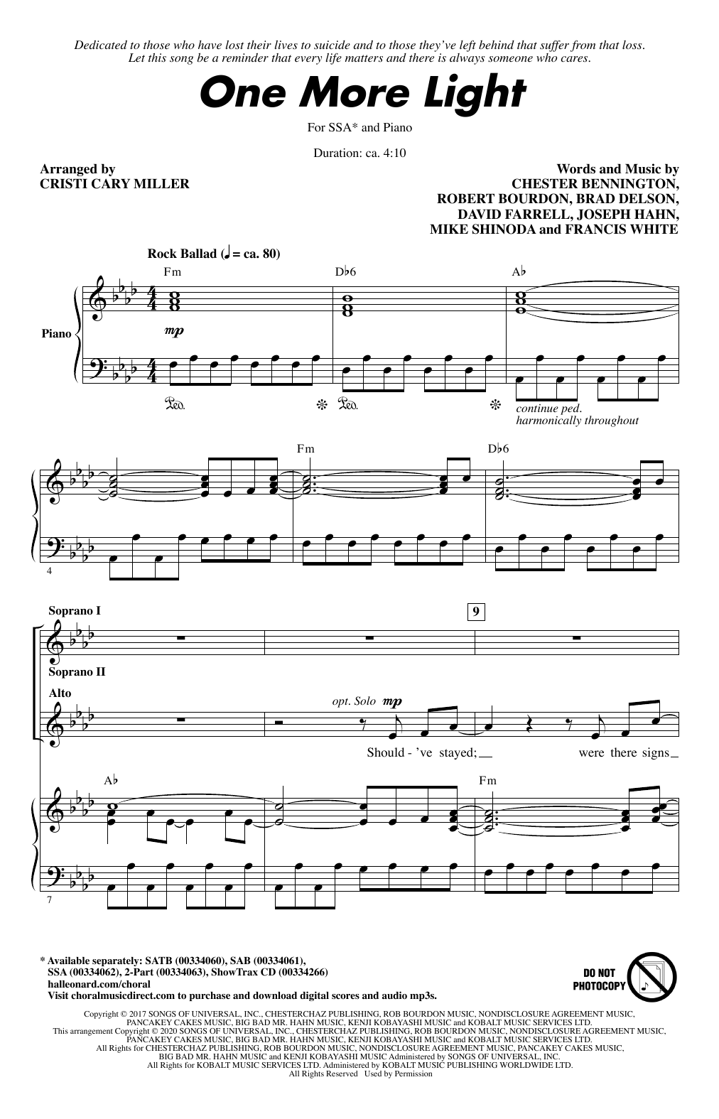 Linkin Park 'One More Light (arr. Cristi Cary Miller)' Sheet Music |  Download Printable PDF Chords & Score at FreshSheetMusic.com
