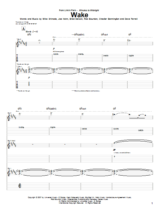Learn to play Linkin Park Wake sheet music for Guitar Tab in minutes. Price: 7.8900$ Linkin Park Wake sheet music notes and chords arranged for Guitar Tab