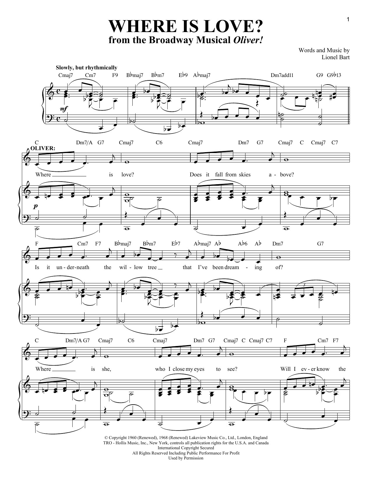 Lionel Bart Where Is Love? sheet music notes and chords. Download Printable PDF.