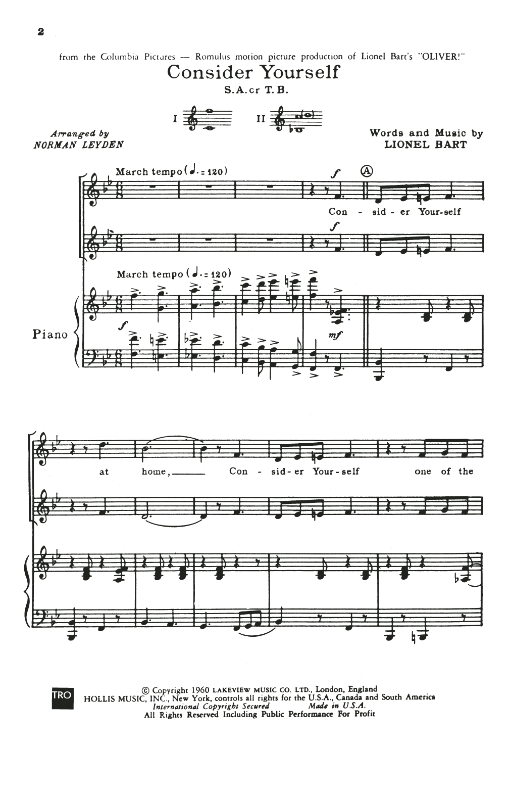 Learn to play Lionel Bart Consider Yourself (from Oliver!) (arr. Norman Leyden) sheet music for 2-Part Choir in minutes. Price: 3.9900$ Lionel Bart Consider Yourself (from Oliver!) (arr. Norman Leyden) sheet music notes and chords arranged for 2-Part Choir