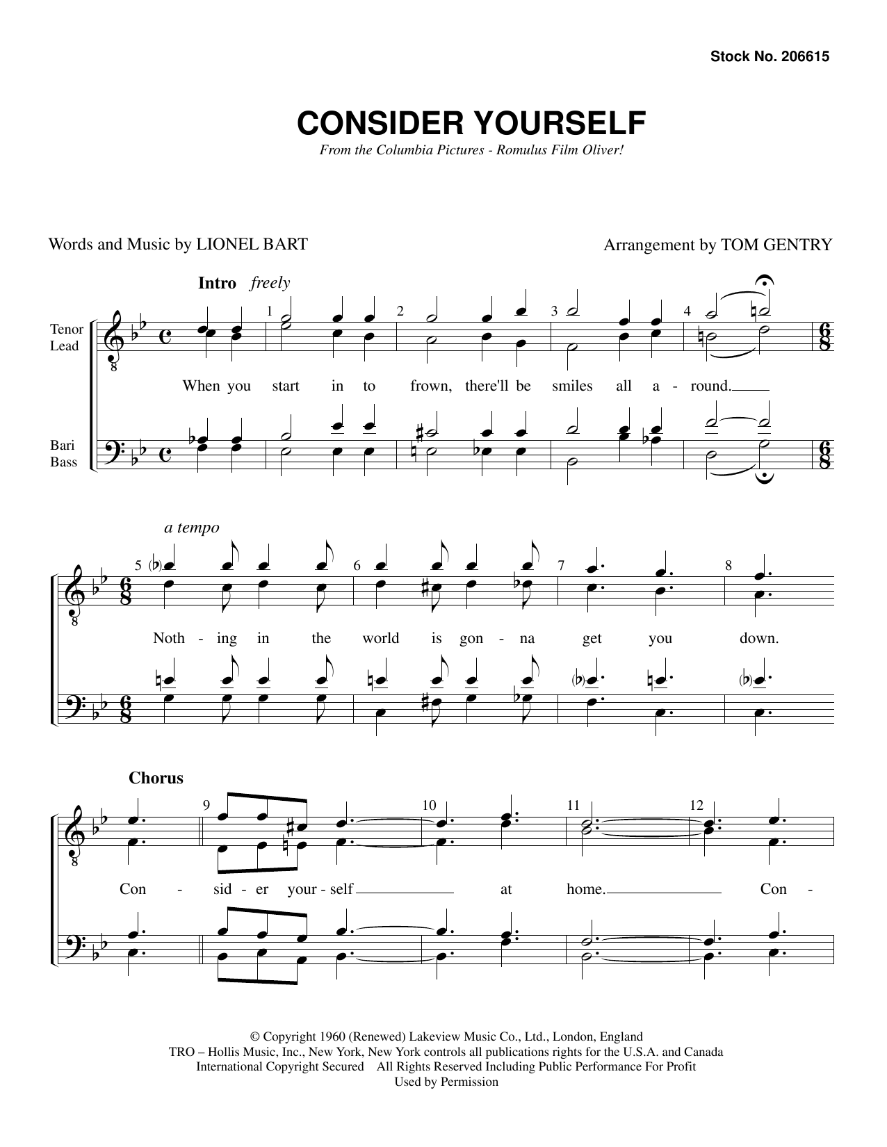 Learn to play Lionel Bart Consider Yourself (from Oliver) (arr. Tom Gentry) sheet music for TTBB Choir in minutes. Price: 3.9900$ Lionel Bart Consider Yourself (from Oliver) (arr. Tom Gentry) sheet music notes and chords arranged for TTBB Choir