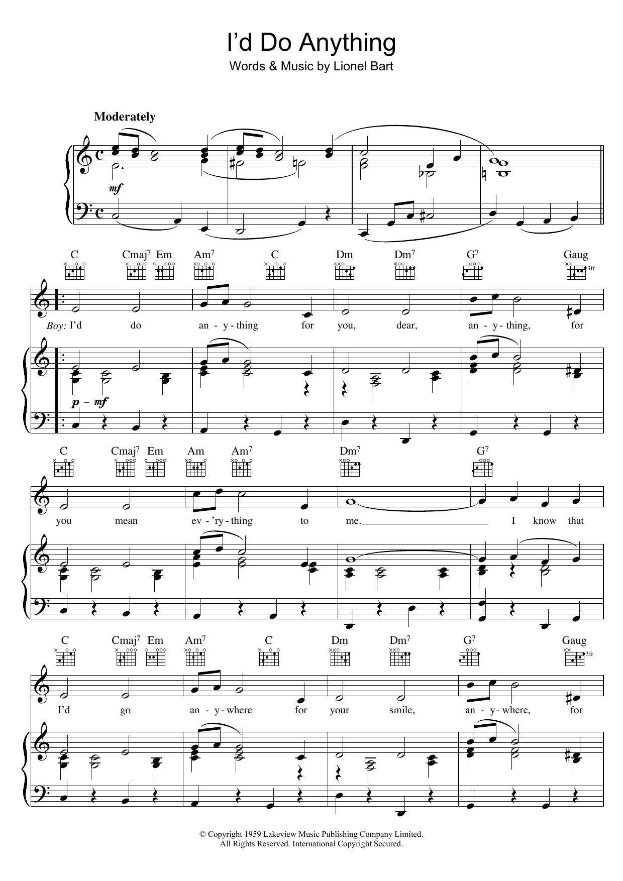 Lionel Bart I'd Do Anything (from Oliver!) sheet music for 5-Finger Piano in minutes. Price: 4.9900$ Lionel Bart I'd Do Anything (from Oliver!) sheet music notes and chords. Download Printable PDF.