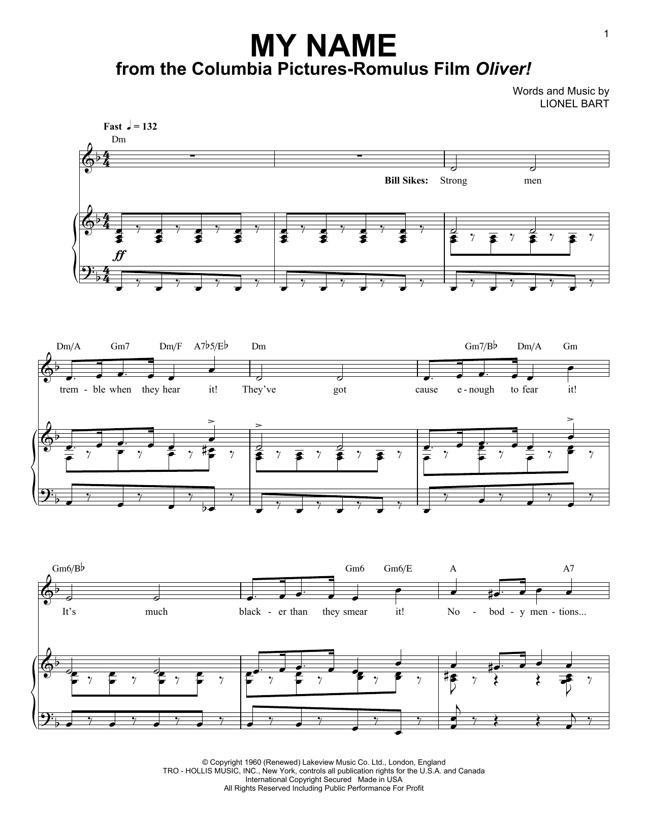 Learn to play Lionel Bart My Name sheet music for Piano & Vocal in minutes. Lionel Bart My Name sheet music notes and chords. Download Printable PDF.