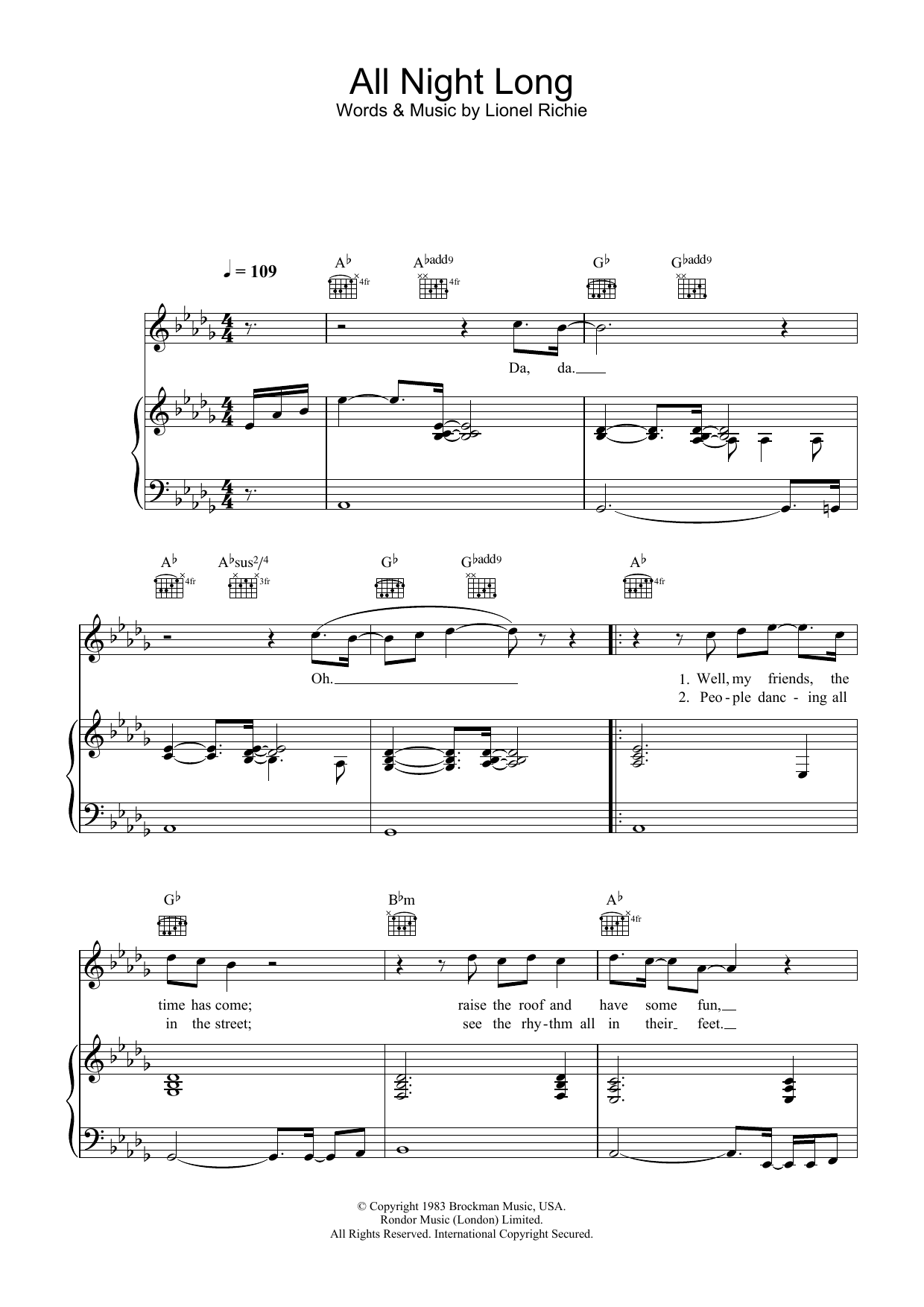 Lionel Richie All Night Long (All Night) sheet music notes and chords. Download Printable PDF.