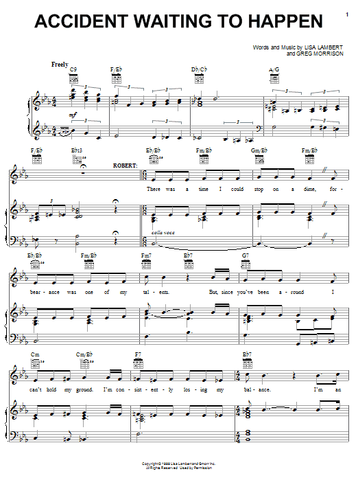 Learn to play Lisa Lambert Accident Waiting To Happen sheet music for Lead Sheet / Fake Book in minutes. Price: 5.9900$ Lisa Lambert Accident Waiting To Happen sheet music notes and chords arranged for Lead Sheet / Fake Book