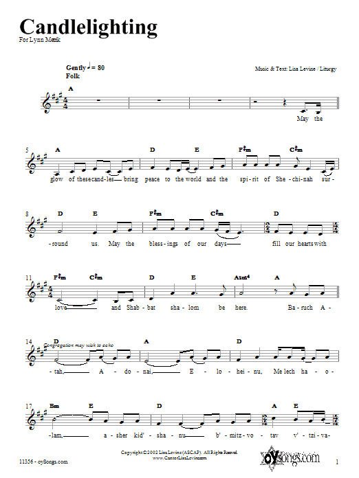 Lisa Levine Candlelighting sheet music notes and chords. Download Printable PDF.