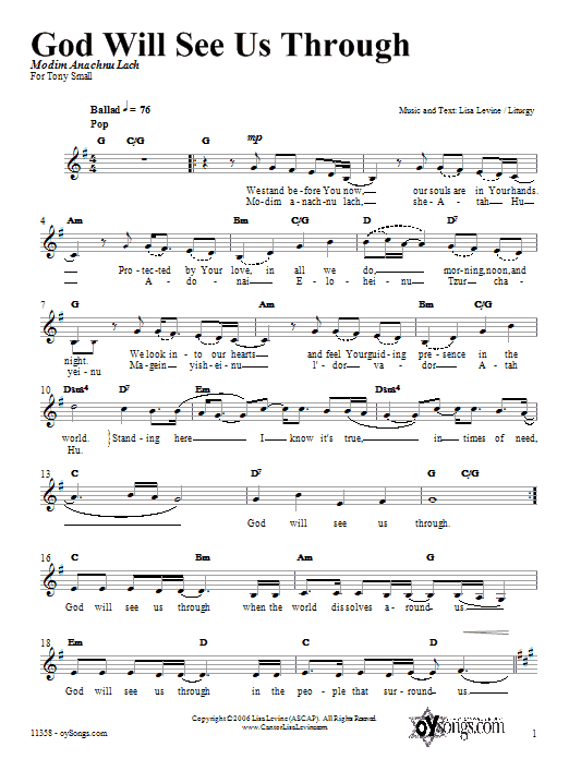 Learn to play Lisa Levine God Will See Us Through sheet music for Lead Sheet / Fake Book in minutes. Price: 5.9900$ Lisa Levine God Will See Us Through sheet music notes and chords arranged for Lead Sheet / Fake Book