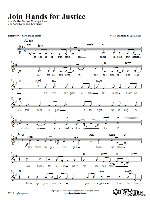 Learn to play Lisa Levine Join Hands in Justice sheet music for 3-Part Mixed Choir in minutes. Price: 3.9900$ Lisa Levine Join Hands in Justice sheet music notes and chords arranged for 3-Part Mixed Choir