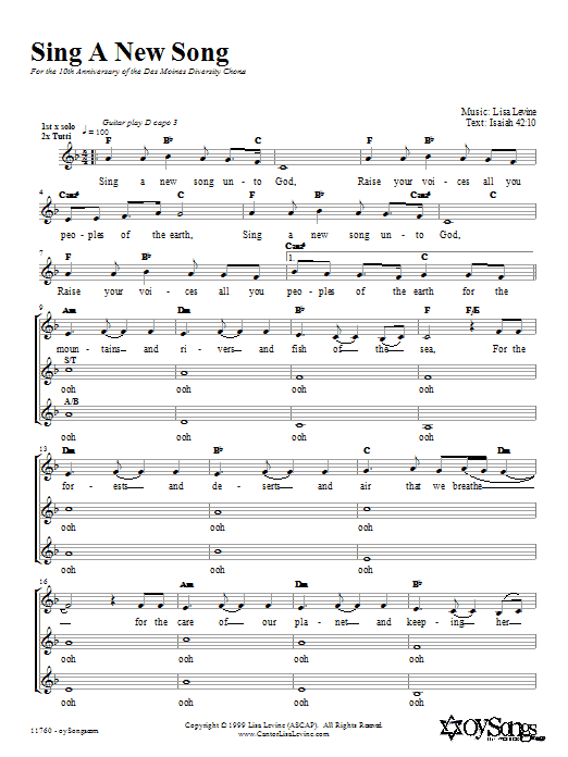 Learn to play Lisa Levine Sing a New Song sheet music for 2-Part Choir in minutes. Price: 3.9900$ Lisa Levine Sing a New Song sheet music notes and chords arranged for 2-Part Choir