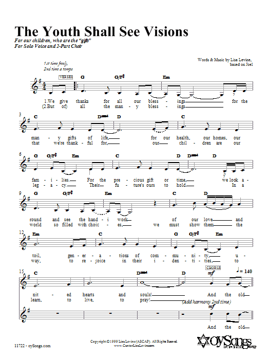 Learn to play Lisa Levine The Youth Shall See Visions sheet music for 2-Part Choir in minutes. Price: 3.9900$ Lisa Levine The Youth Shall See Visions sheet music notes and chords arranged for 2-Part Choir