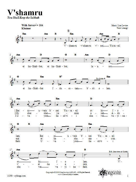 Lisa Levine V'shamru sheet music notes and chords. Download Printable PDF.