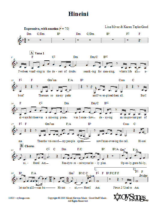 Lisa Silver Hineini sheet music notes and chords. Download Printable PDF.