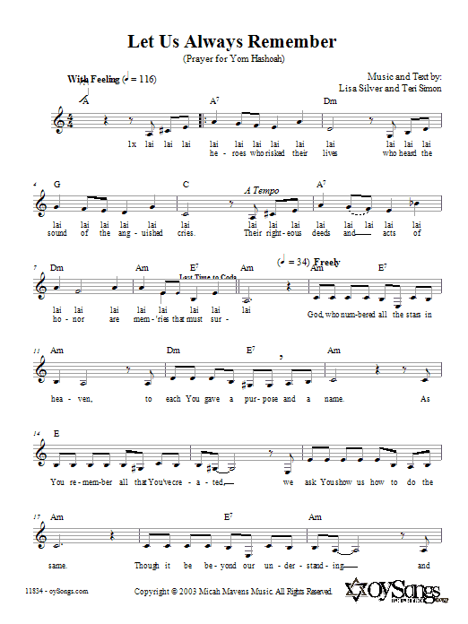 Learn to play Lisa Silver Let Us Always Remember (Prayer for Yom HaShoah) sheet music for Lead Sheet / Fake Book in minutes. Price: 5.9900$ Lisa Silver Let Us Always Remember (Prayer for Yom HaShoah) sheet music notes and chords arranged for Lead Sheet / Fake Book