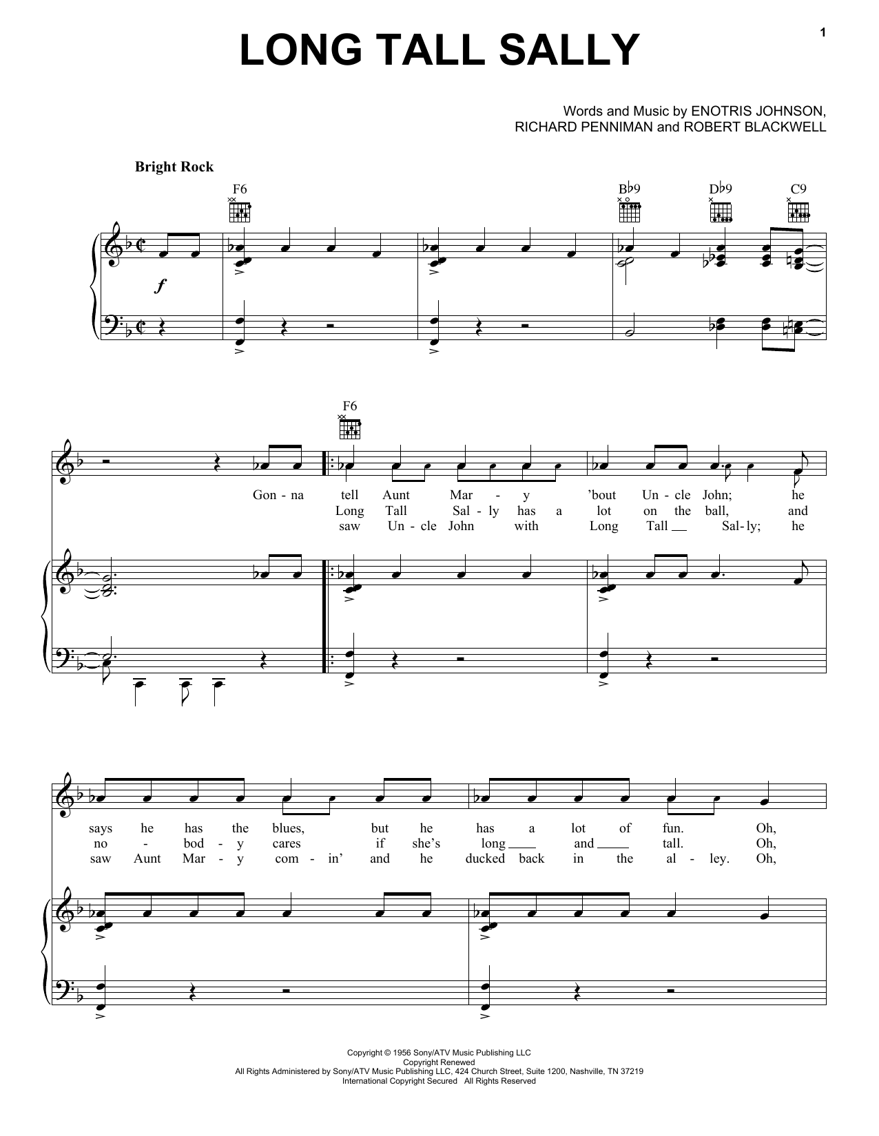 Little Richard Long Tall Sally sheet music notes and chords. Download Printable PDF.