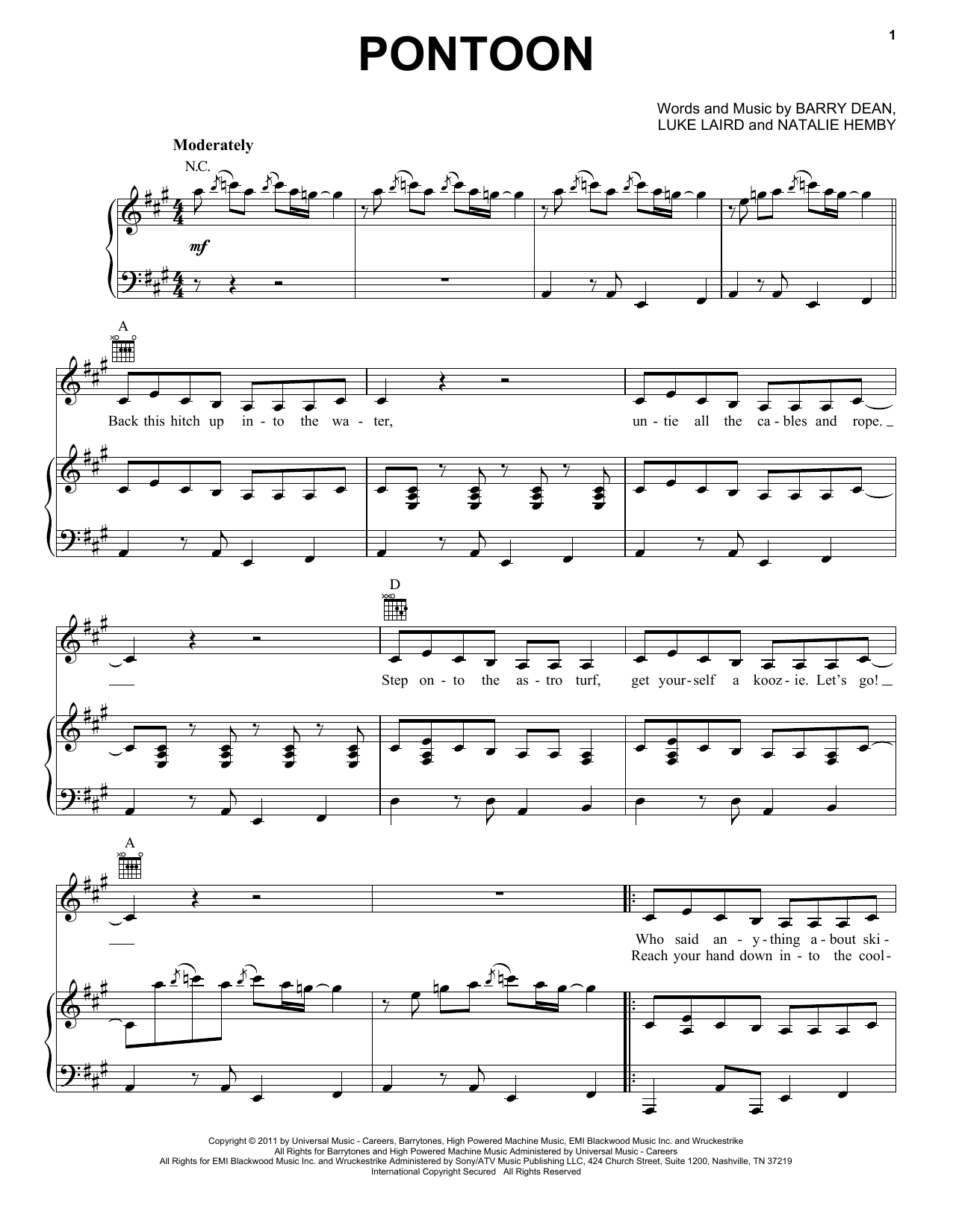 Little Big Town "Pontoon" Sheet Music PDF Notes, Chords Pop Score