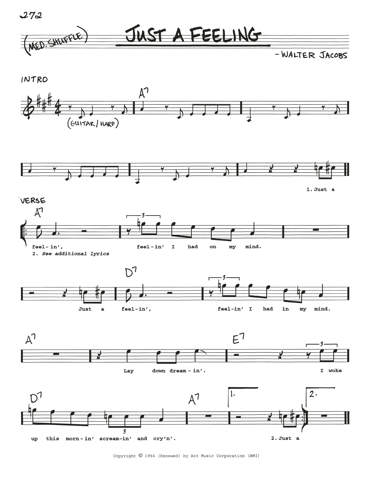 Little Walter Just A Feeling sheet music notes and chords. Download Printable PDF.