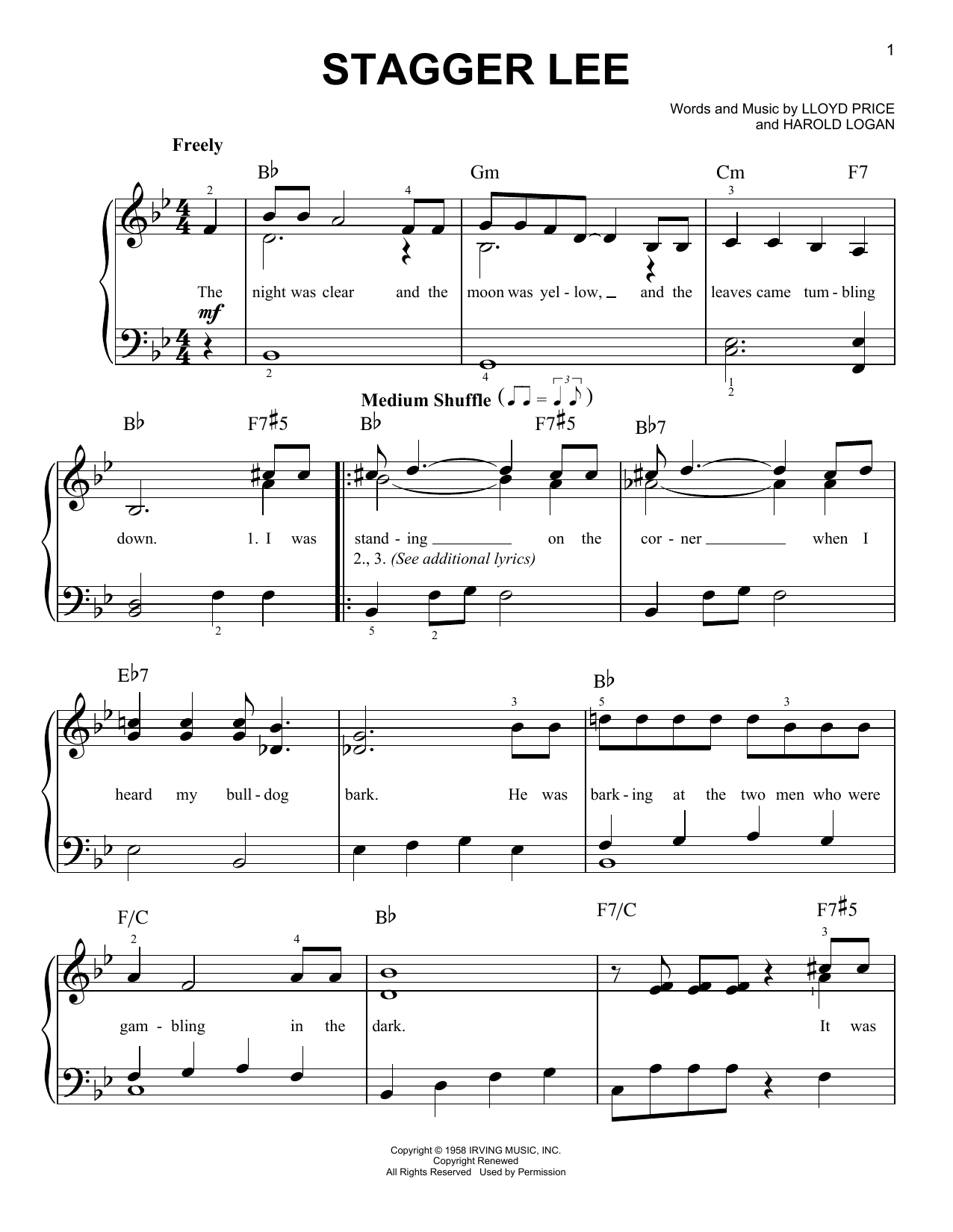 Learn to play Lloyd Price Stagger Lee sheet music for Easy Piano in minutes. Price: 6.9900$ Lloyd Price Stagger Lee sheet music notes and chords arranged for Easy Piano