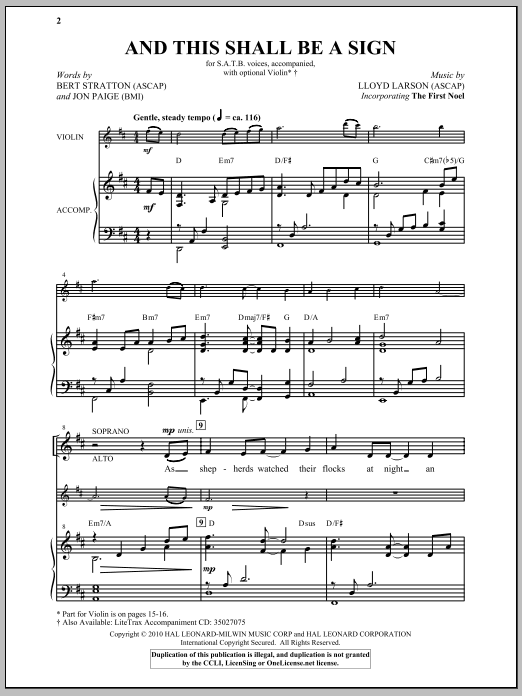 Learn to play Lloyd Larson And This Shall Be A Sign sheet music for SATB Choir in minutes. Price: 3.9900$ Lloyd Larson And This Shall Be A Sign sheet music notes and chords arranged for SATB Choir