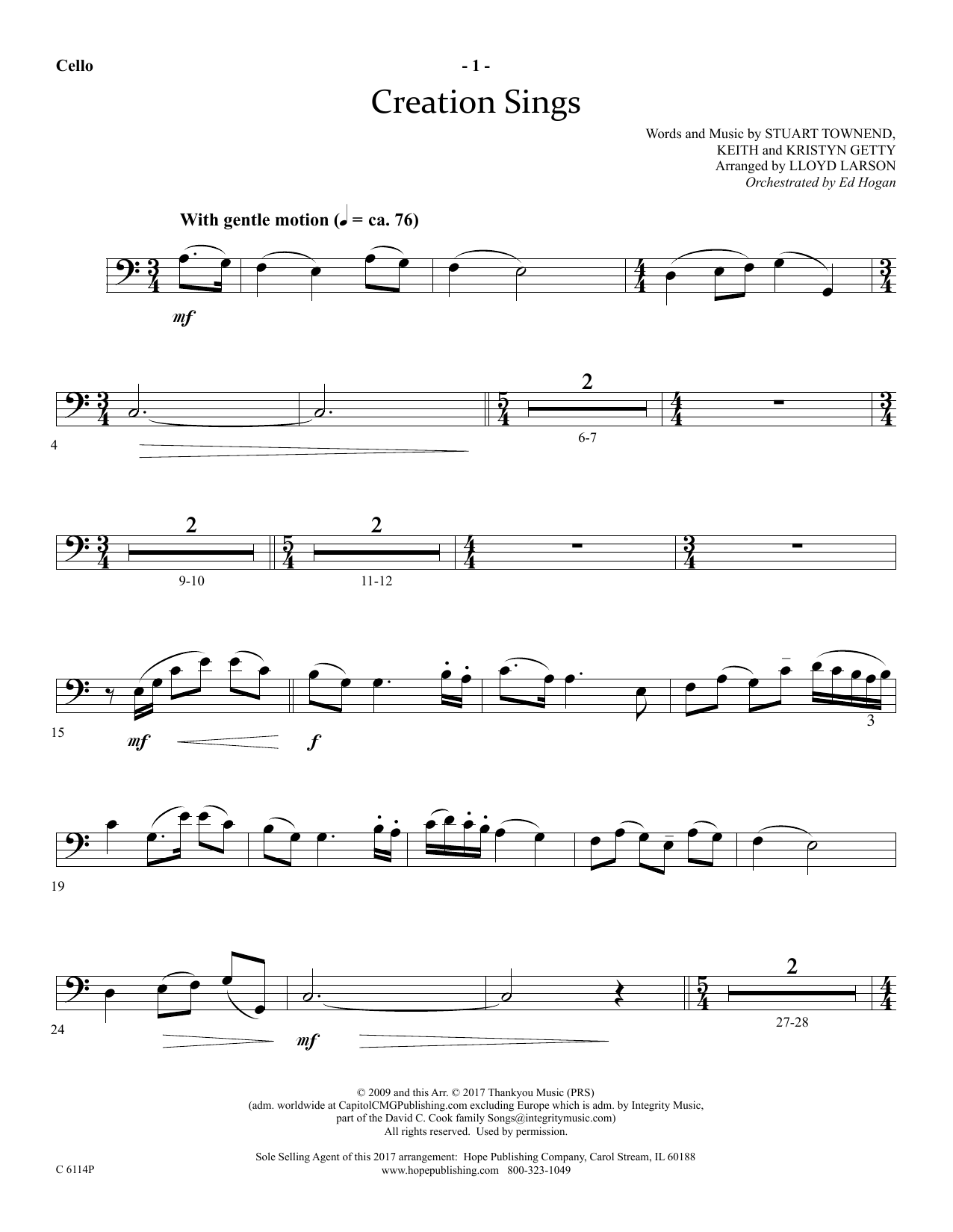 Learn to play Lloyd Larson Creation Sings - Cello sheet music for Choir Instrumental Pak in minutes. Price: 26.9900$ Lloyd Larson Creation Sings - Cello sheet music notes and chords arranged for Choir Instrumental Pak