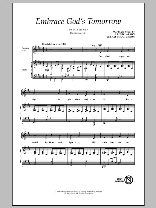 Learn to play Lloyd Larson Embrace God's Tomorrow sheet music for SATB Choir in minutes. Price: 3.9900$ Lloyd Larson Embrace God's Tomorrow sheet music notes and chords arranged for SATB Choir