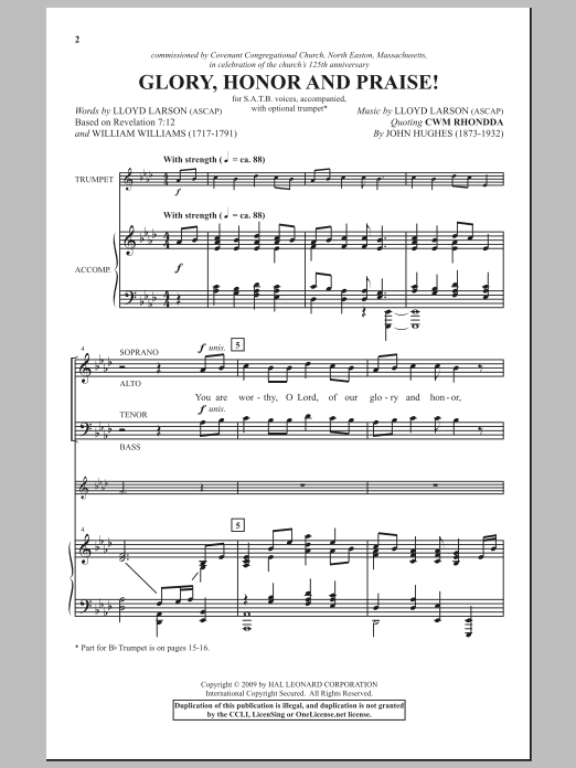 Learn to play Lloyd Larson Glory, Honor And Praise sheet music for SATB Choir in minutes. Price: 3.9900$ Lloyd Larson Glory, Honor And Praise sheet music notes and chords arranged for SATB Choir