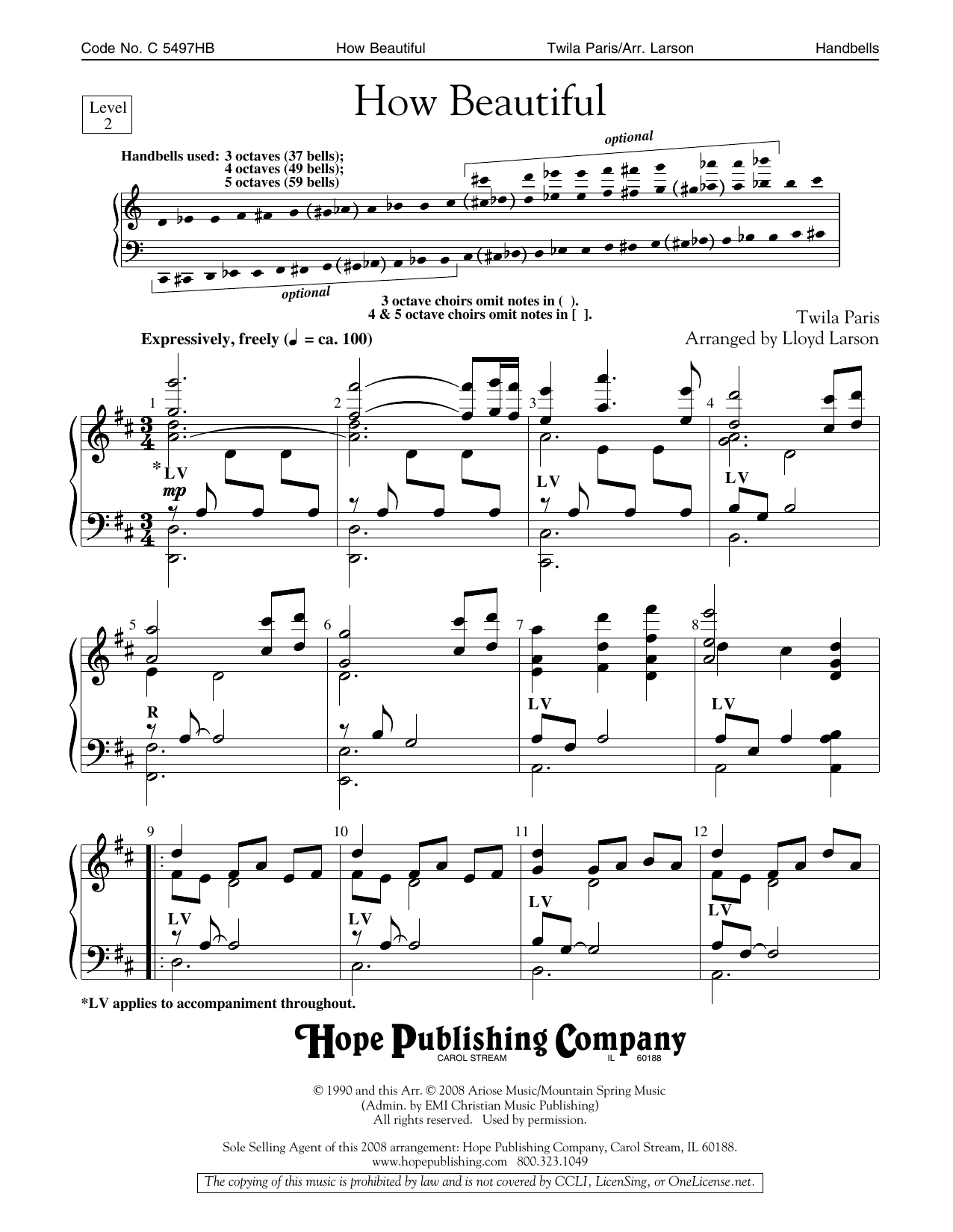 Learn to play Lloyd Larson How Beautiful - Handbells sheet music for Choir Instrumental Pak in minutes. Price: 7.8900$ Lloyd Larson How Beautiful - Handbells sheet music notes and chords arranged for Choir Instrumental Pak