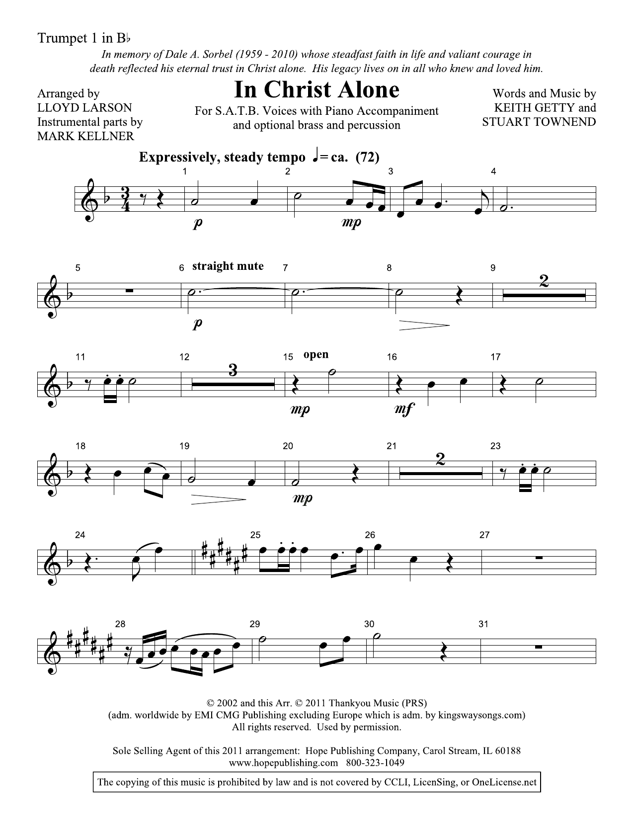 Learn to play Lloyd Larson In Christ Alone - Bb Trumpet 1 sheet music for Choir Instrumental Pak in minutes. Price: 29.9900$ Lloyd Larson In Christ Alone - Bb Trumpet 1 sheet music notes and chords arranged for Choir Instrumental Pak