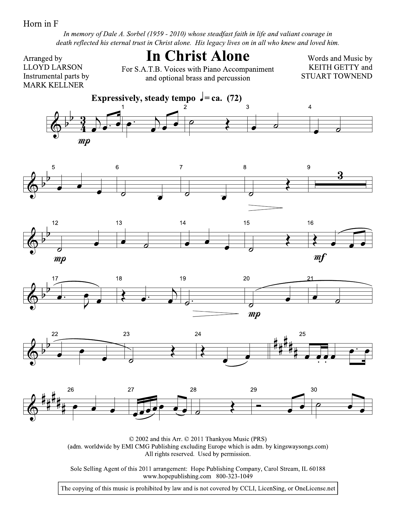 Learn to play Lloyd Larson In Christ Alone - Horn sheet music for Choir Instrumental Pak in minutes. Price: 29.9900$ Lloyd Larson In Christ Alone - Horn sheet music notes and chords arranged for Choir Instrumental Pak