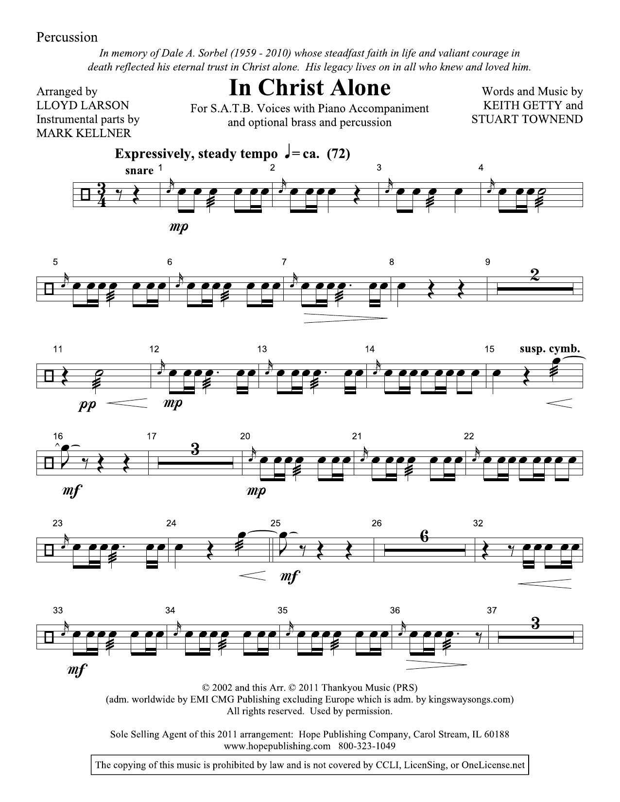 Learn to play Lloyd Larson In Christ Alone - Percussion sheet music for Choir Instrumental Pak in minutes. Price: 29.9900$ Lloyd Larson In Christ Alone - Percussion sheet music notes and chords arranged for Choir Instrumental Pak
