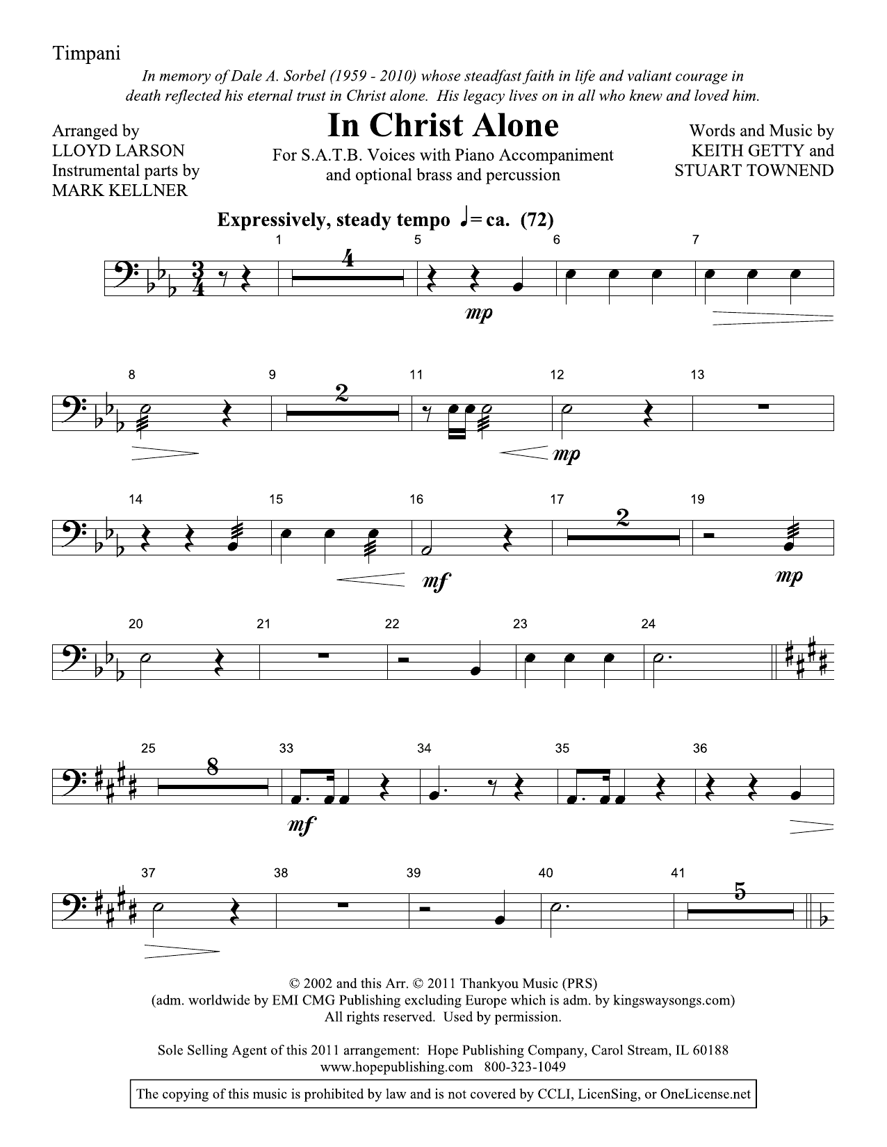 Learn to play Lloyd Larson In Christ Alone - Timpani sheet music for Choir Instrumental Pak in minutes. Price: 29.9900$ Lloyd Larson In Christ Alone - Timpani sheet music notes and chords arranged for Choir Instrumental Pak
