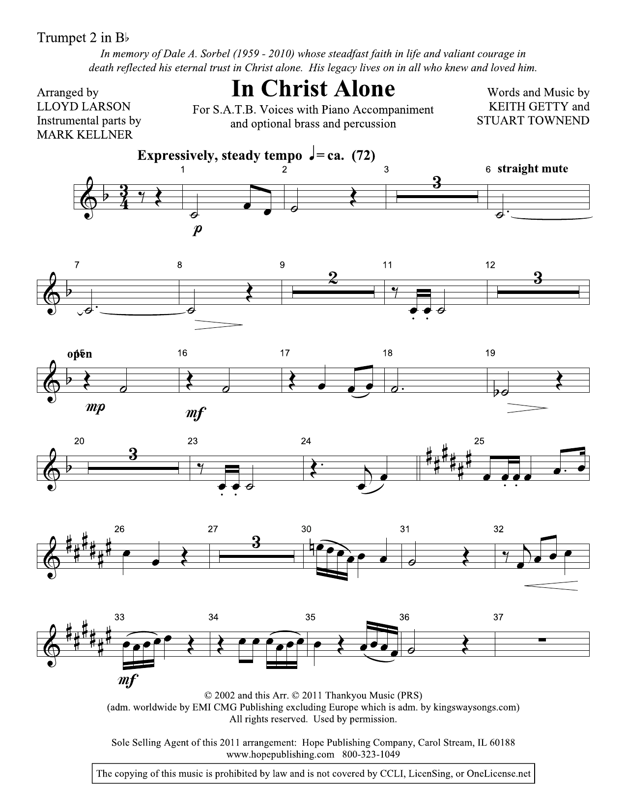 Learn to play Lloyd Larson In Christ Alone - Trumpet 2 sheet music for Choir Instrumental Pak in minutes. Price: 29.9900$ Lloyd Larson In Christ Alone - Trumpet 2 sheet music notes and chords arranged for Choir Instrumental Pak