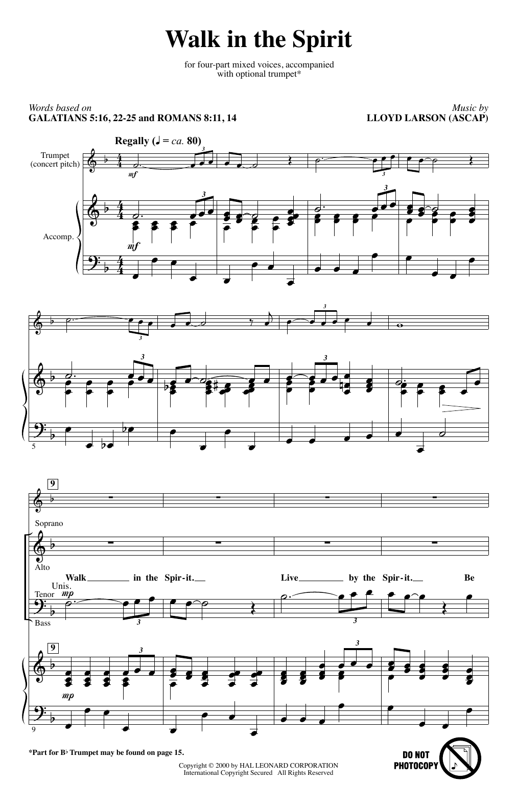 Learn to play Lloyd Larson Walk In The Spirit sheet music for SATB Choir in minutes. Price: 3.9900$ Lloyd Larson Walk In The Spirit sheet music notes and chords arranged for SATB Choir