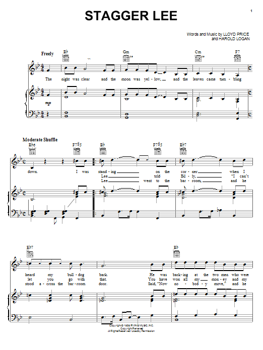 Learn to play Lloyd Price Stagger Lee sheet music for Piano, Vocal & Guitar (Right-Hand Melody) in minutes. Lloyd Price Stagger Lee sheet music notes and chords