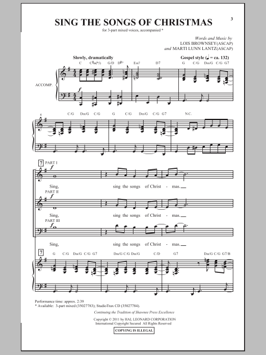 Learn to play Lois Brownsey Sing The Songs Of Christmas sheet music for 3-Part Mixed Choir in minutes. Price: 3.9900$ Lois Brownsey Sing The Songs Of Christmas sheet music notes and chords arranged for 3-Part Mixed Choir