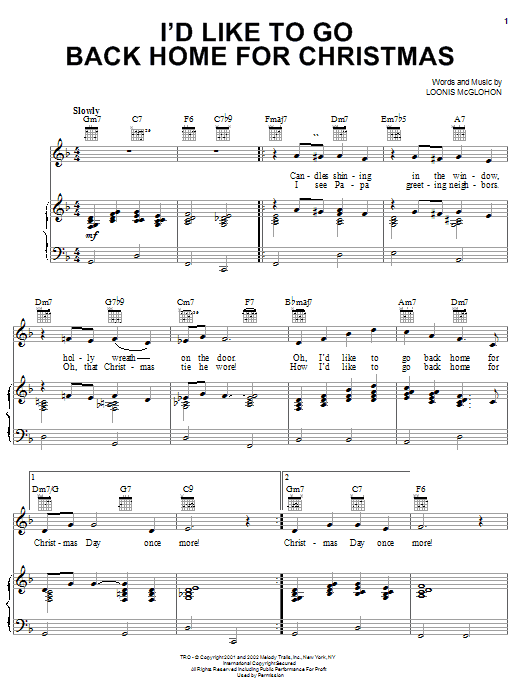 Learn to play Loonis McGlohon I'd Like To Go Back Home For Christmas sheet music for Piano, Vocal & Guitar (Right-Hand Melody) in minutes. Loonis McGlohon I'd Like To Go Back Home For Christmas sheet music notes and chords