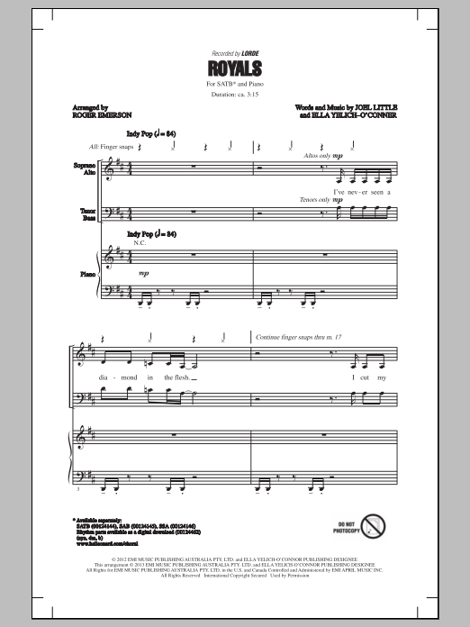 Learn to play Lorde Royals (arr. Roger Emerson) sheet music for SAB Choir in minutes. Lorde Royals (arr. Roger Emerson) sheet music notes and chords. Download Printable PDF.