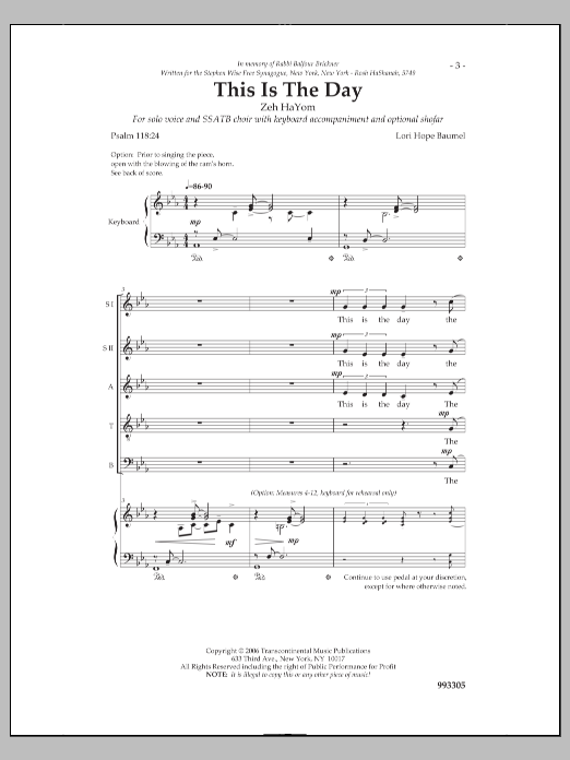 Learn to play Lori Hope Baumel This Is the Day sheet music for SSATB Choir in minutes. Price: 3.9900$ Lori Hope Baumel This Is the Day sheet music notes and chords arranged for SSATB Choir