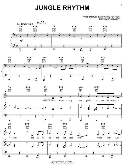 Learn to play Lorraine Feather Jungle Rhythm (from The Jungle Book 2) sheet music for Piano, Vocal & Guitar (Right-Hand Melody) in minutes. Price: 7.7900$ Lorraine Feather Jungle Rhythm (from The Jungle Book 2) sheet music notes and chords. Download Printable PDF.