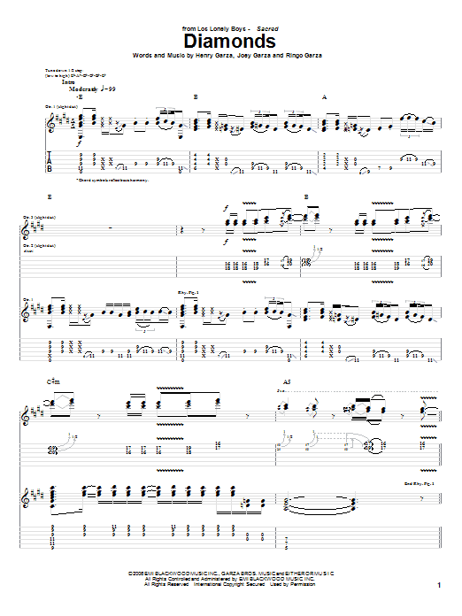 Los Lonely Boys Diamonds sheet music notes and chords. Download Printable PDF.