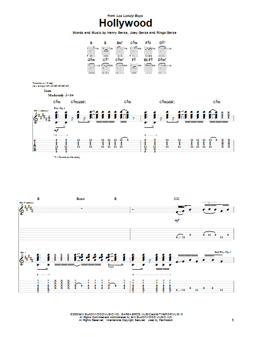 Los Lonely Boys Hollywood sheet music notes and chords. Download Printable PDF.