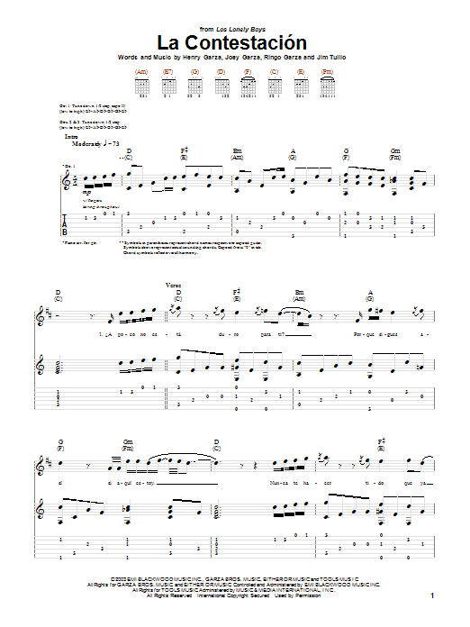 Los Lonely Boys La Contestacion sheet music notes and chords. Download Printable PDF.