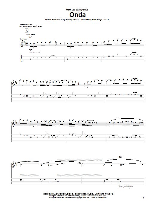 Los Lonely Boys Onda sheet music notes and chords. Download Printable PDF.